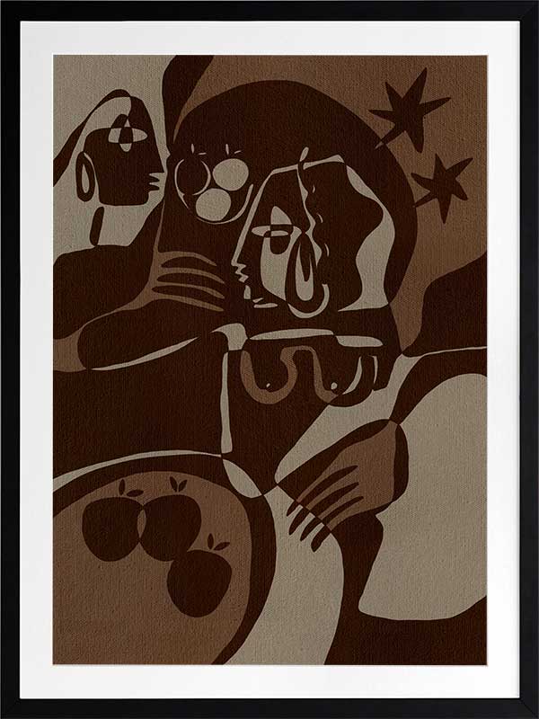 Expressive abstract piece in deep earthy tones, featuring emotional human-like figures, fruit forms, and stars, from the Shatha collection with Urban Road.