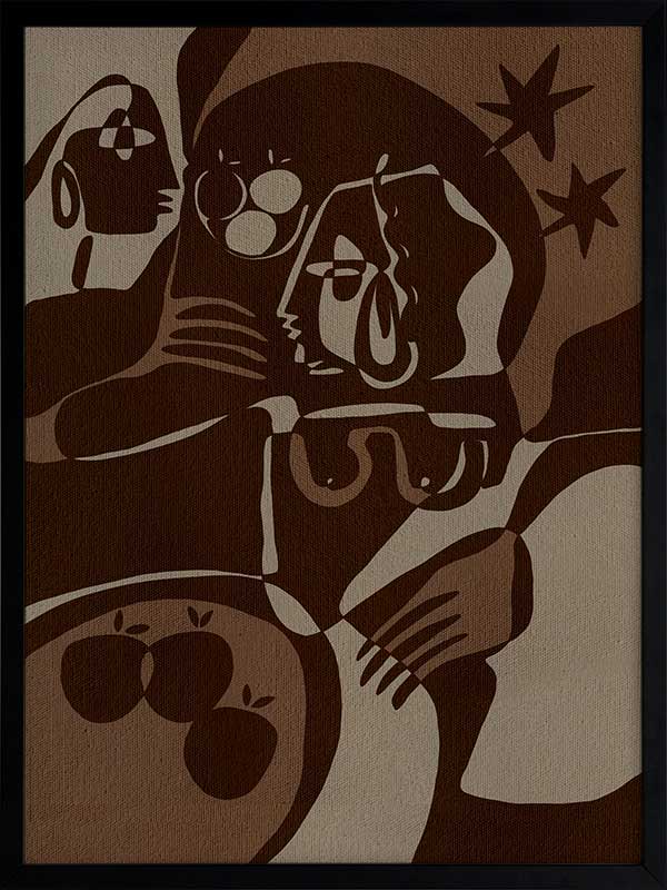 Expressive abstract piece in deep earthy tones, featuring emotional human-like figures, fruit forms, and stars, from the Shatha collection with Urban Road.