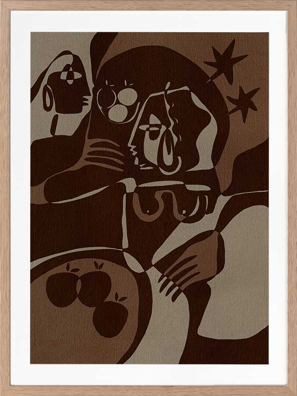 Expressive abstract piece in deep earthy tones, featuring emotional human-like figures, fruit forms, and stars, from the Shatha collection with Urban Road.