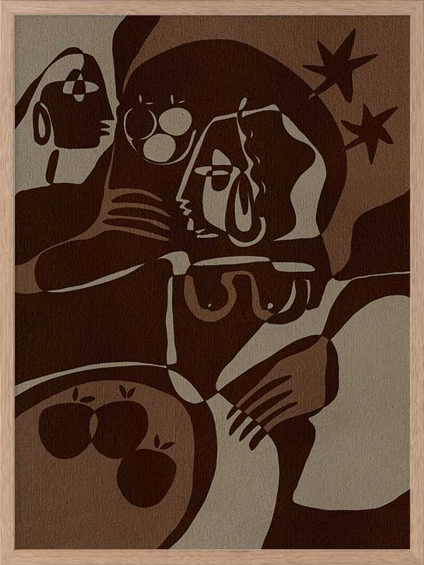 Expressive abstract piece in deep earthy tones, featuring emotional human-like figures, fruit forms, and stars, from the Shatha collection with Urban Road.