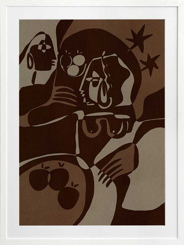 Expressive abstract piece in deep earthy tones, featuring emotional human-like figures, fruit forms, and stars, from the Shatha collection with Urban Road.