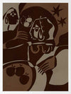 Expressive abstract piece in deep earthy tones, featuring emotional human-like figures, fruit forms, and stars, from the Shatha collection with Urban Road.
