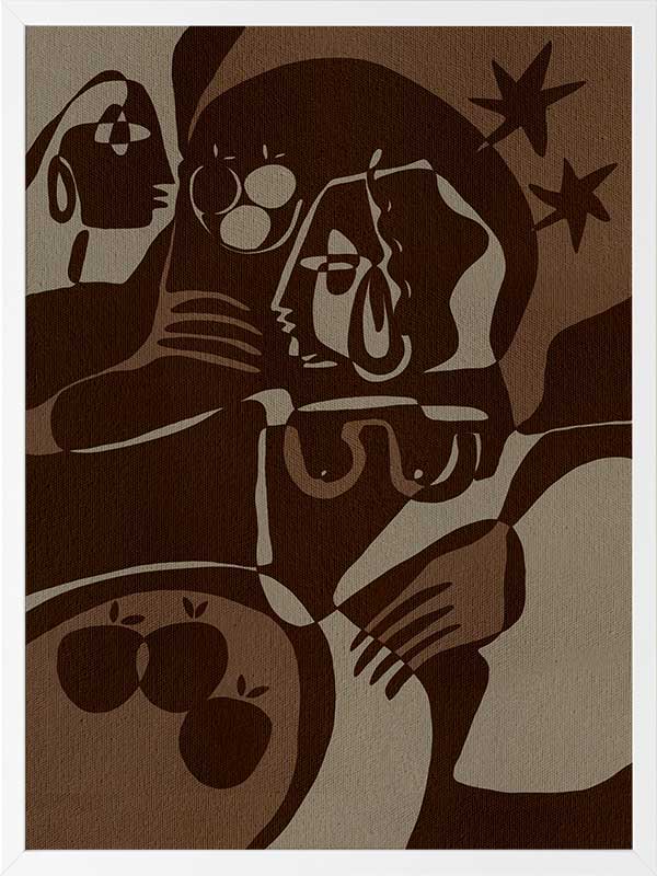 Expressive abstract piece in deep earthy tones, featuring emotional human-like figures, fruit forms, and stars, from the Shatha collection with Urban Road.