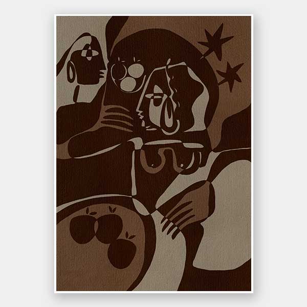 Expressive abstract piece in deep earthy tones, featuring emotional human-like figures, fruit forms, and stars, from the Shatha collection with Urban Road.