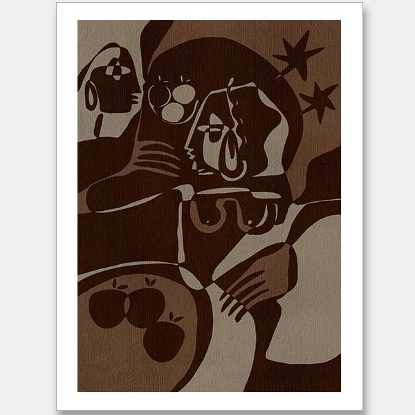 Expressive abstract piece in deep earthy tones, featuring emotional human-like figures, fruit forms, and stars, from the Shatha collection with Urban Road.