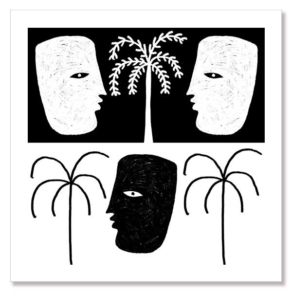 High-contrast black and white artwork with two mirrored face profiles, a central black face, and stylised palm trees, exploring themes of duality, from the Shatha collection with Urban Road.