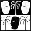 High-contrast black and white artwork with two mirrored face profiles, a central black face, and stylised palm trees, exploring themes of duality, from the Shatha collection with Urban Road.
