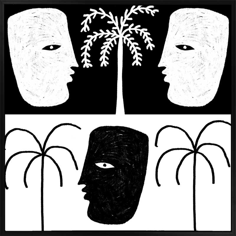 High-contrast black and white artwork with two mirrored face profiles, a central black face, and stylised palm trees, exploring themes of duality, from the Shatha collection with Urban Road.