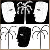 High-contrast black and white artwork with two mirrored face profiles, a central black face, and stylised palm trees, exploring themes of duality, from the Shatha collection with Urban Road.