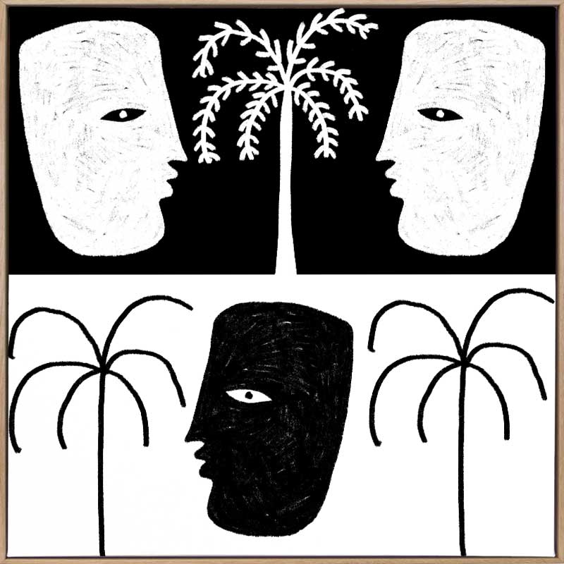 High-contrast black and white artwork with two mirrored face profiles, a central black face, and stylised palm trees, exploring themes of duality, from the Shatha collection with Urban Road.