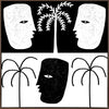High-contrast black and white artwork with two mirrored face profiles, a central black face, and stylised palm trees, exploring themes of duality, from the Shatha collection with Urban Road.