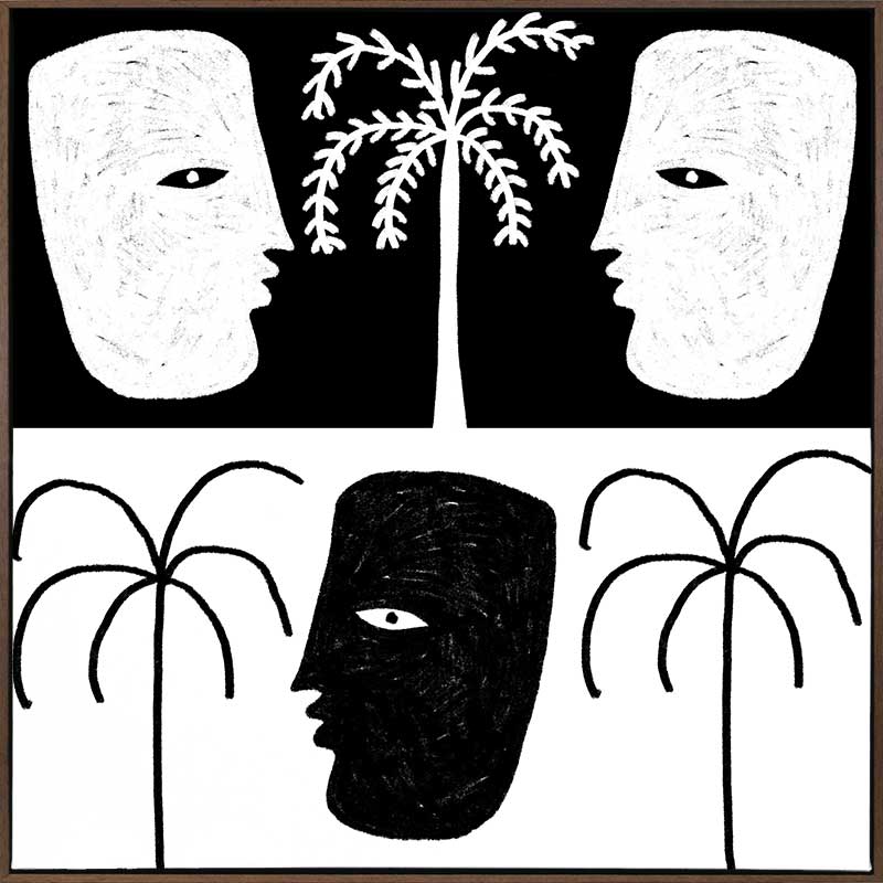 High-contrast black and white artwork with two mirrored face profiles, a central black face, and stylised palm trees, exploring themes of duality, from the Shatha collection with Urban Road.