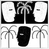 High-contrast black and white artwork with two mirrored face profiles, a central black face, and stylised palm trees, exploring themes of duality, from the Shatha collection with Urban Road.