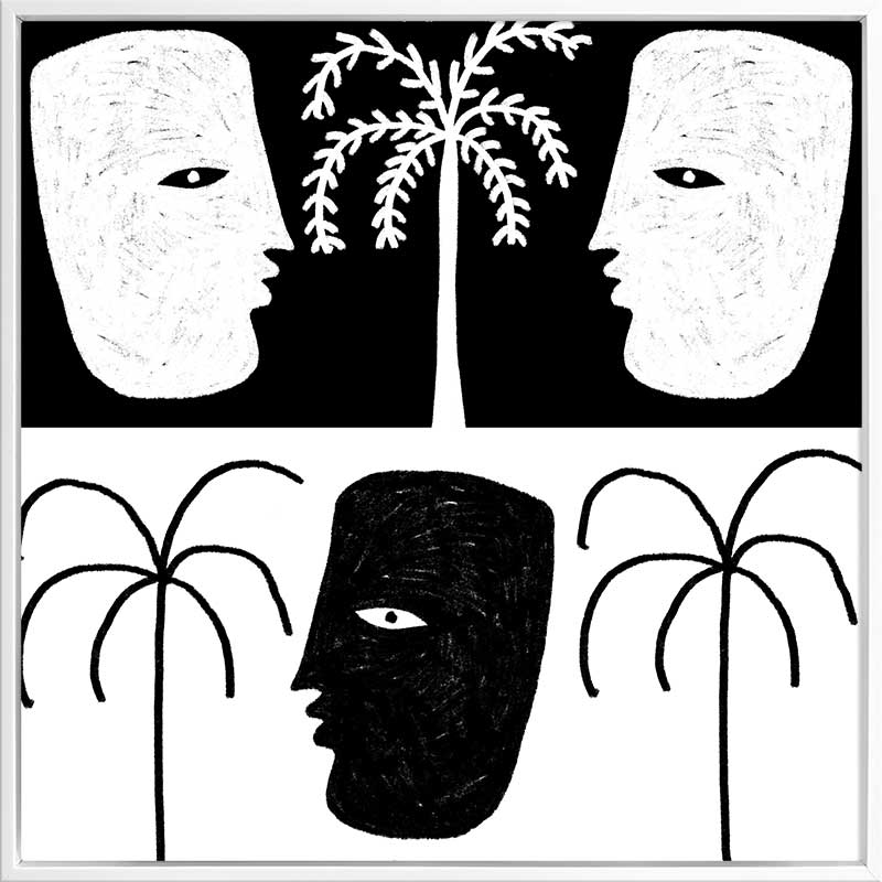 High-contrast black and white artwork with two mirrored face profiles, a central black face, and stylised palm trees, exploring themes of duality, from the Shatha collection with Urban Road.