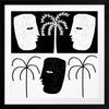 High-contrast black and white artwork with two mirrored face profiles, a central black face, and stylised palm trees, exploring themes of duality, from the Shatha collection with Urban Road.