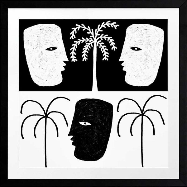 High-contrast black and white artwork with two mirrored face profiles, a central black face, and stylised palm trees, exploring themes of duality, from the Shatha collection with Urban Road.