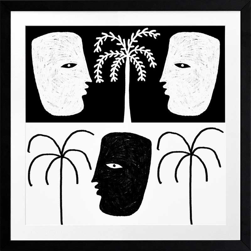 High-contrast black and white artwork with two mirrored face profiles, a central black face, and stylised palm trees, exploring themes of duality, from the Shatha collection with Urban Road.