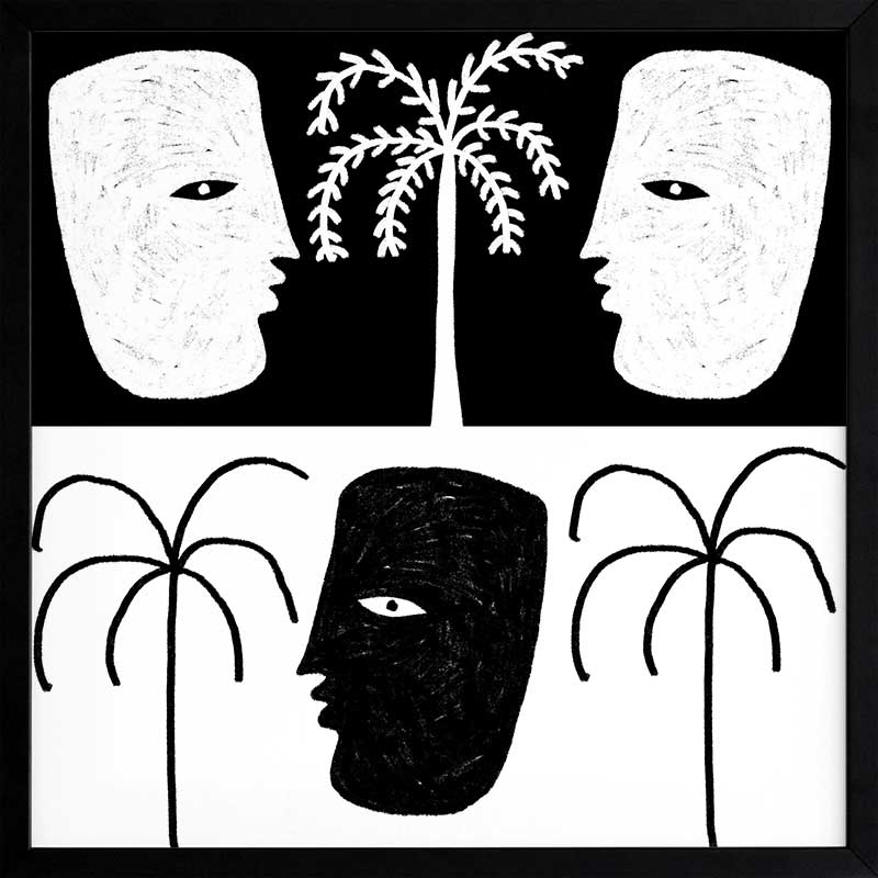 High-contrast black and white artwork with two mirrored face profiles, a central black face, and stylised palm trees, exploring themes of duality, from the Shatha collection with Urban Road.