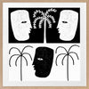 High-contrast black and white artwork with two mirrored face profiles, a central black face, and stylised palm trees, exploring themes of duality, from the Shatha collection with Urban Road.