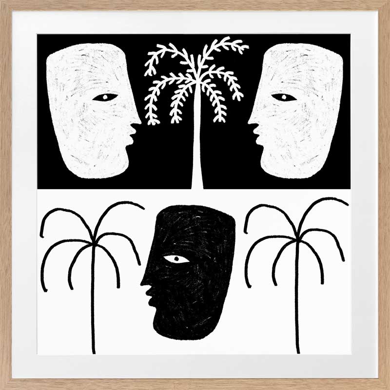 High-contrast black and white artwork with two mirrored face profiles, a central black face, and stylised palm trees, exploring themes of duality, from the Shatha collection with Urban Road.