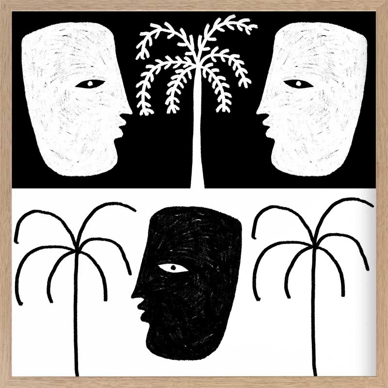 High-contrast black and white artwork with two mirrored face profiles, a central black face, and stylised palm trees, exploring themes of duality, from the Shatha collection with Urban Road.