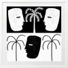 High-contrast black and white artwork with two mirrored face profiles, a central black face, and stylised palm trees, exploring themes of duality, from the Shatha collection with Urban Road.