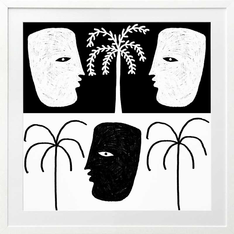 High-contrast black and white artwork with two mirrored face profiles, a central black face, and stylised palm trees, exploring themes of duality, from the Shatha collection with Urban Road.