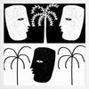 High-contrast black and white artwork with two mirrored face profiles, a central black face, and stylised palm trees, exploring themes of duality, from the Shatha collection with Urban Road.