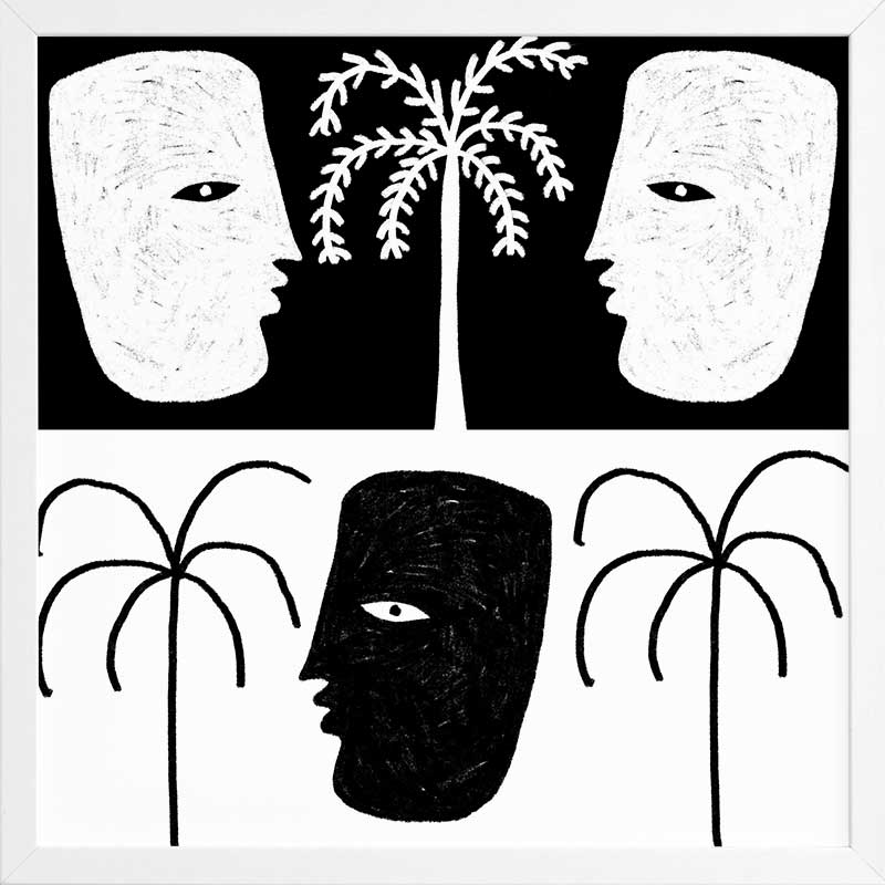 High-contrast black and white artwork with two mirrored face profiles, a central black face, and stylised palm trees, exploring themes of duality, from the Shatha collection with Urban Road.