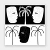 High-contrast black and white artwork with two mirrored face profiles, a central black face, and stylised palm trees, exploring themes of duality, from the Shatha collection with Urban Road.