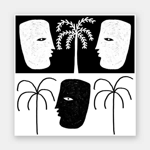 High-contrast black and white artwork with two mirrored face profiles, a central black face, and stylised palm trees, exploring themes of duality, from the Shatha collection with Urban Road.