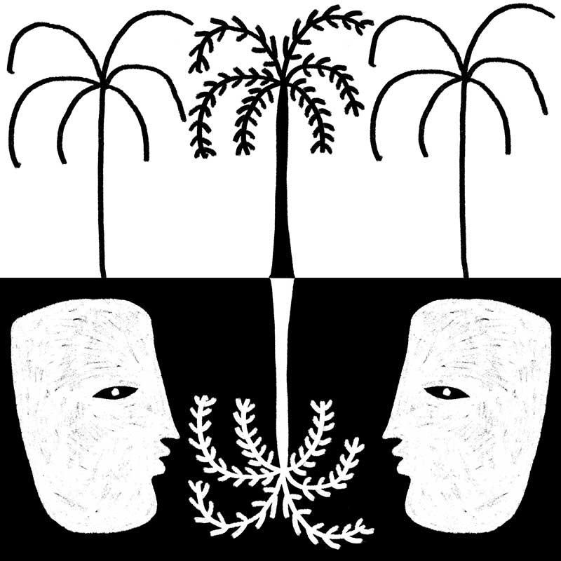 Graphic monochrome design featuring two opposing white face masks with a central fern and trio of palm trees, reflecting symmetry and contrast, from the Shatha collection with Urban Road.