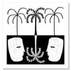 Graphic monochrome design featuring two opposing white face masks with a central fern and trio of palm trees, reflecting symmetry and contrast, from the Shatha collection with Urban Road.