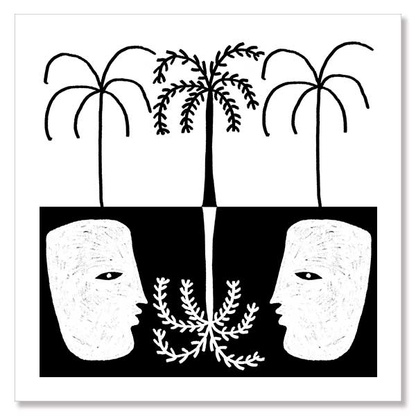 Graphic monochrome design featuring two opposing white face masks with a central fern and trio of palm trees, reflecting symmetry and contrast, from the Shatha collection with Urban Road.