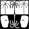 Graphic monochrome design featuring two opposing white face masks with a central fern and trio of palm trees, reflecting symmetry and contrast, from the Shatha collection with Urban Road.