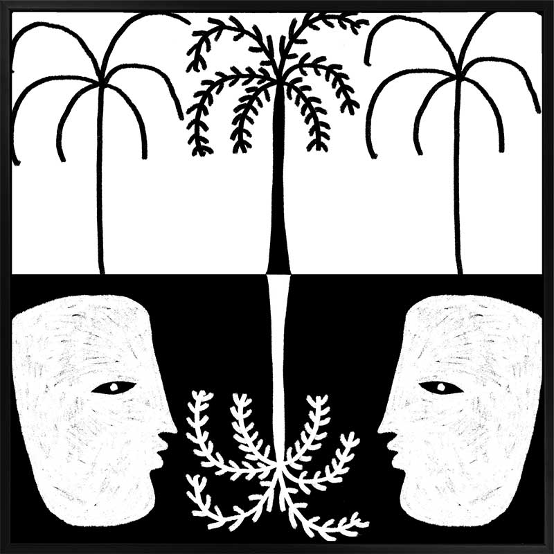 Graphic monochrome design featuring two opposing white face masks with a central fern and trio of palm trees, reflecting symmetry and contrast, from the Shatha collection with Urban Road.
