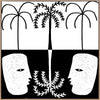 Graphic monochrome design featuring two opposing white face masks with a central fern and trio of palm trees, reflecting symmetry and contrast, from the Shatha collection with Urban Road.