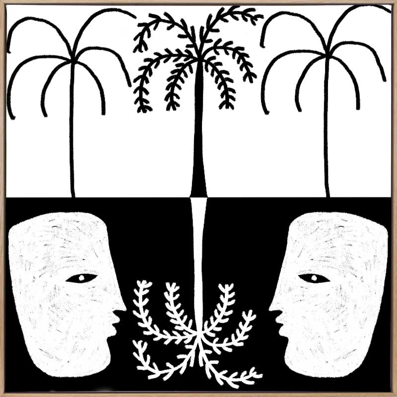 Graphic monochrome design featuring two opposing white face masks with a central fern and trio of palm trees, reflecting symmetry and contrast, from the Shatha collection with Urban Road.
