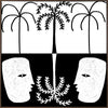 Graphic monochrome design featuring two opposing white face masks with a central fern and trio of palm trees, reflecting symmetry and contrast, from the Shatha collection with Urban Road.