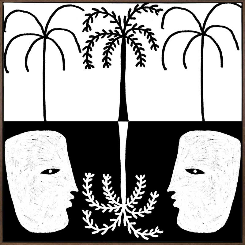 Graphic monochrome design featuring two opposing white face masks with a central fern and trio of palm trees, reflecting symmetry and contrast, from the Shatha collection with Urban Road.