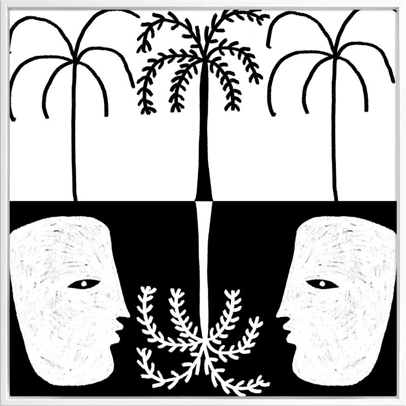 Graphic monochrome design featuring two opposing white face masks with a central fern and trio of palm trees, reflecting symmetry and contrast, from the Shatha collection with Urban Road.