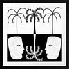 Graphic monochrome design featuring two opposing white face masks with a central fern and trio of palm trees, reflecting symmetry and contrast, from the Shatha collection with Urban Road.