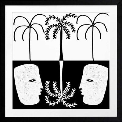 Graphic monochrome design featuring two opposing white face masks with a central fern and trio of palm trees, reflecting symmetry and contrast, from the Shatha collection with Urban Road.
