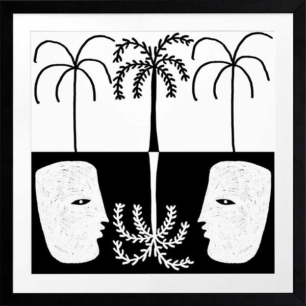 Graphic monochrome design featuring two opposing white face masks with a central fern and trio of palm trees, reflecting symmetry and contrast, from the Shatha collection with Urban Road.