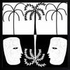 Graphic monochrome design featuring two opposing white face masks with a central fern and trio of palm trees, reflecting symmetry and contrast, from the Shatha collection with Urban Road.