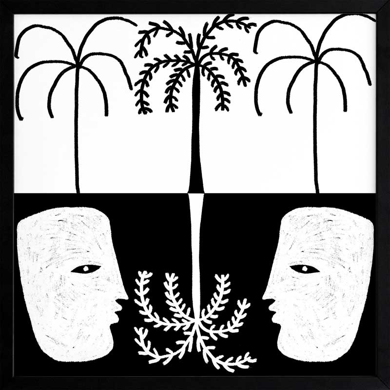 Graphic monochrome design featuring two opposing white face masks with a central fern and trio of palm trees, reflecting symmetry and contrast, from the Shatha collection with Urban Road.