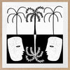 Graphic monochrome design featuring two opposing white face masks with a central fern and trio of palm trees, reflecting symmetry and contrast, from the Shatha collection with Urban Road.