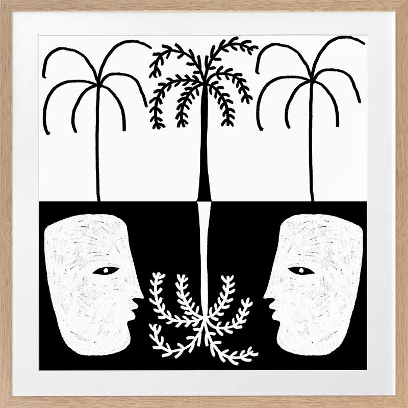 Graphic monochrome design featuring two opposing white face masks with a central fern and trio of palm trees, reflecting symmetry and contrast, from the Shatha collection with Urban Road.