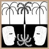 Graphic monochrome design featuring two opposing white face masks with a central fern and trio of palm trees, reflecting symmetry and contrast, from the Shatha collection with Urban Road.