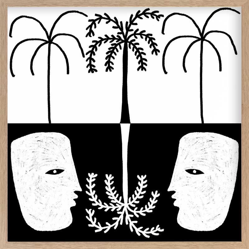 Graphic monochrome design featuring two opposing white face masks with a central fern and trio of palm trees, reflecting symmetry and contrast, from the Shatha collection with Urban Road.